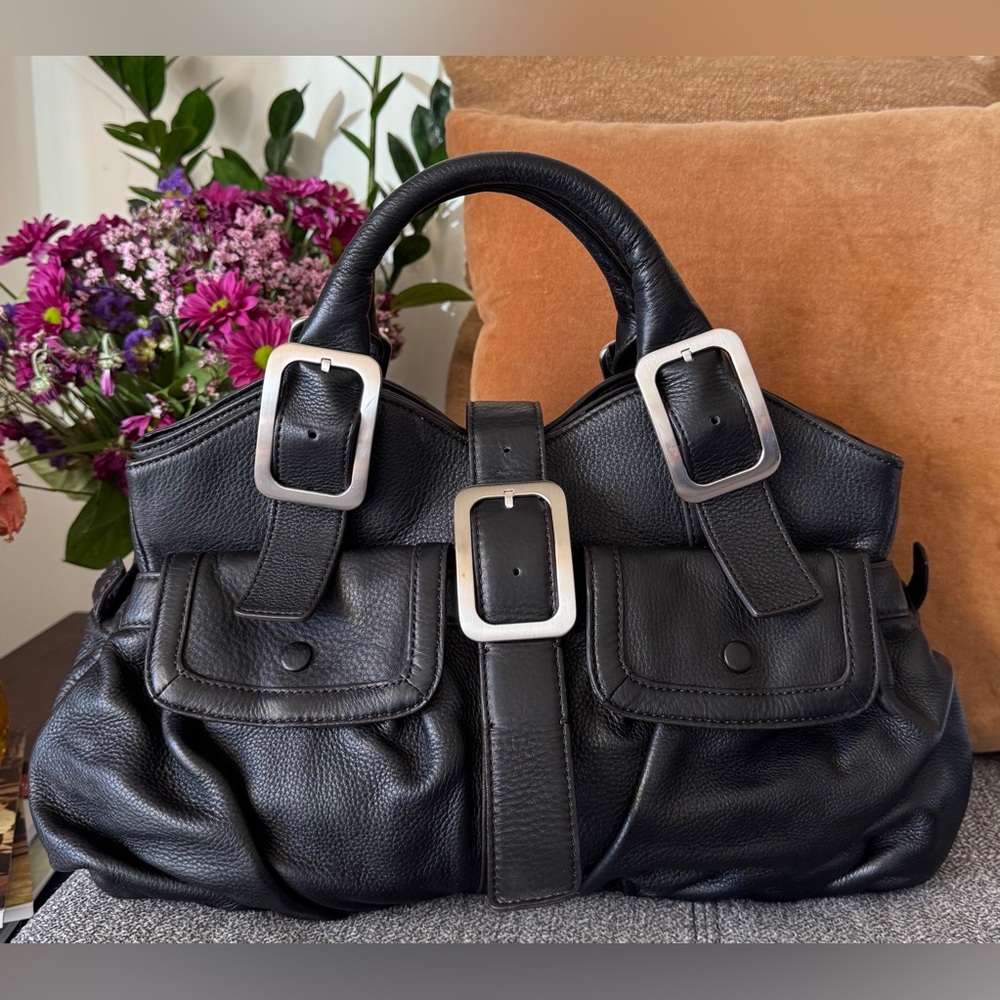 Cole Haan Black Leather Buckle-Accent Satchel
